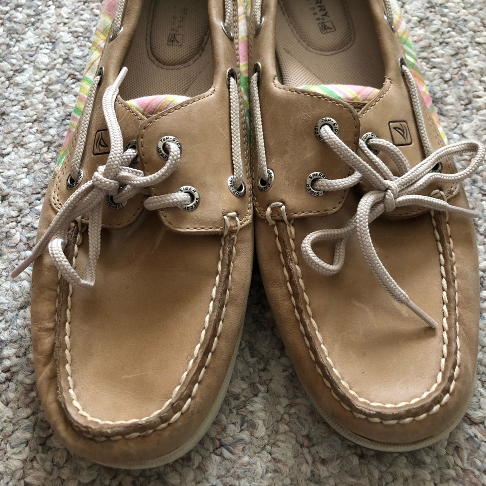 Sperry Boatshoes Women Pink/Green Plaid Sz 8.5